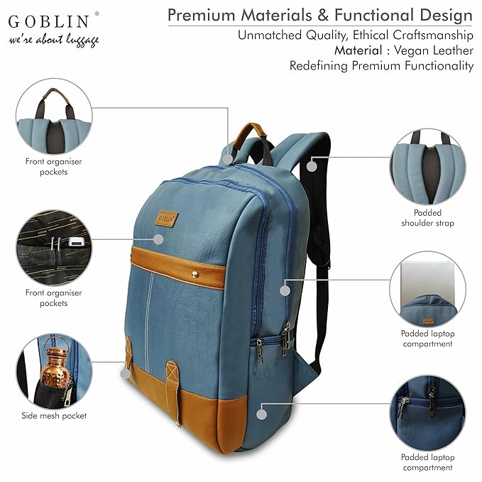 Goblin Vegan Leather Laptop Backpack, 15.6-inch Compatible, Multi-Pocket Design with Padded Straps - Blue