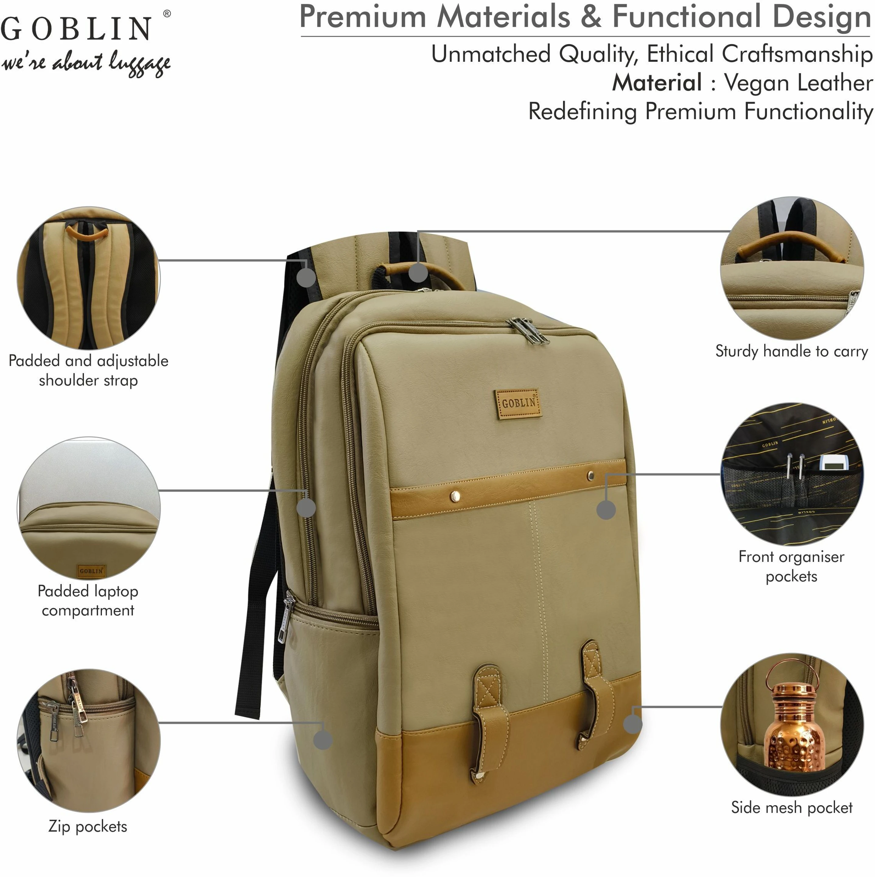 Goblin Vegan Leather Laptop Backpack, 15.6-inch Compatible, Multi-Pocket Design with Padded Straps - Brown