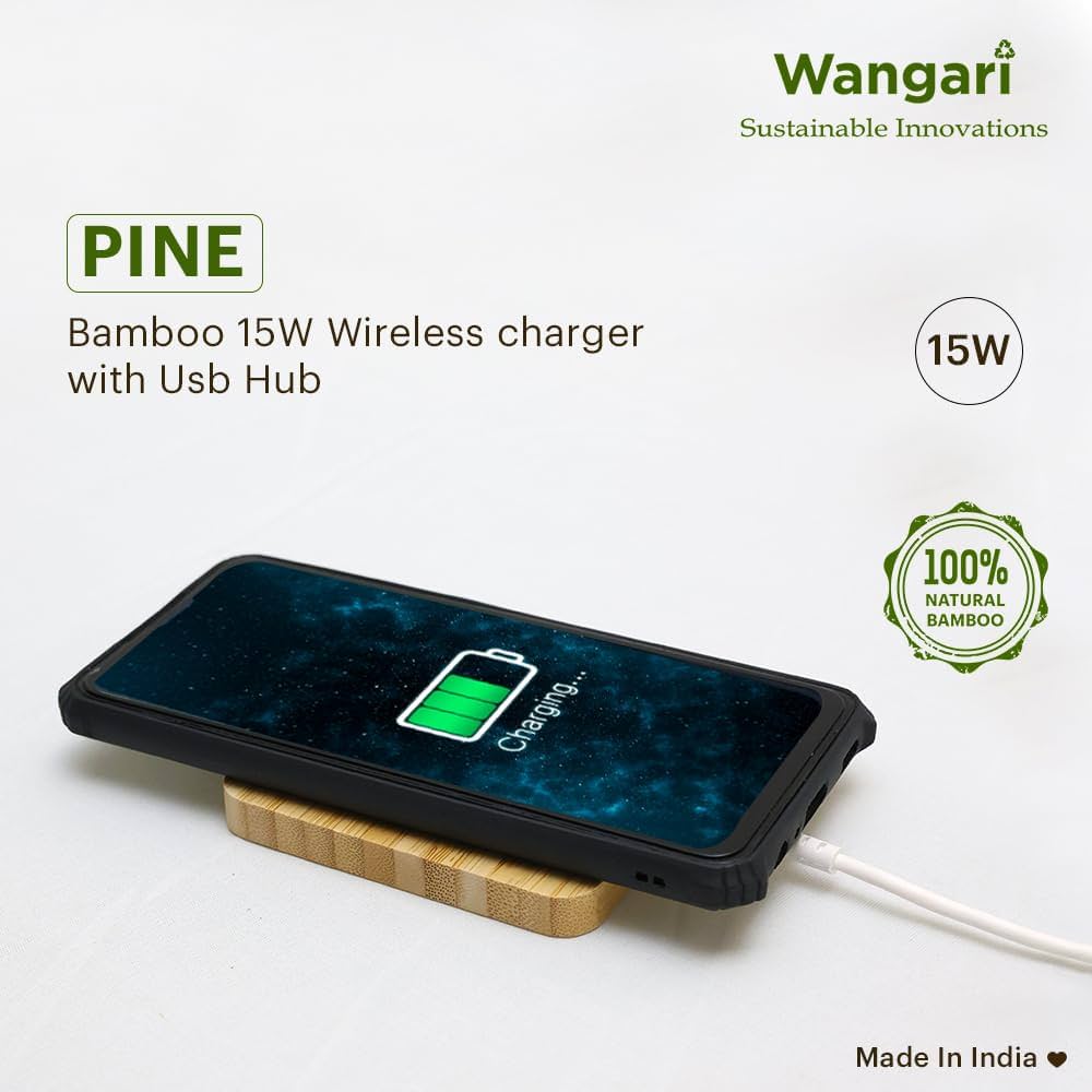 Pine 15W Square Bamboo Wireless Charger With USB Hub - Wangari